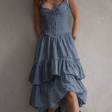 Retro Boho Corset Tiered Midi Dress With Lace-Trim