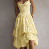 Retro Boho Corset Tiered Midi Dress With Lace-Trim