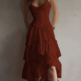 Retro Boho Corset Tiered Midi Dress With Lace-Trim