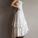Retro Boho Corset Tiered Midi Dress With Lace-Trim