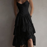 Retro Boho Corset Tiered Midi Dress With Lace-Trim