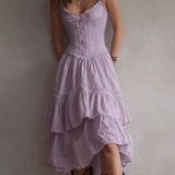 Retro Boho Corset Tiered Midi Dress With Lace-Trim