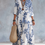 Bohemian Blue Floral Button-down Maxi Dress