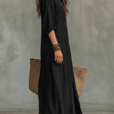 Black Button-Front Bohemian Shirt Maxi Dress