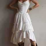 Retro Boho Corset Tiered Midi Dress With Lace-Trim