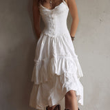 Retro Boho Corset Tiered Midi Dress With Lace-Trim