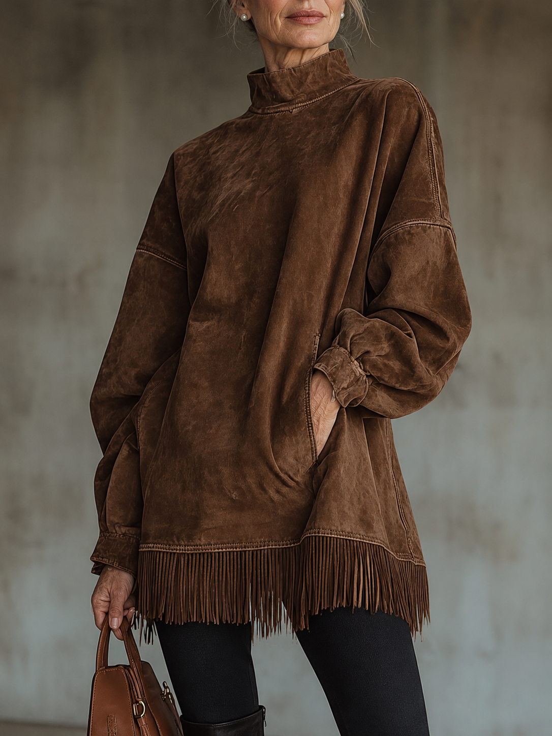 Gabriela | Suede Dress with High Neck and Fringe