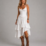 Retro Boho Corset Tiered Midi Dress With Lace-Trim