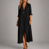 Black Button-Front Bohemian Shirt Maxi Dress